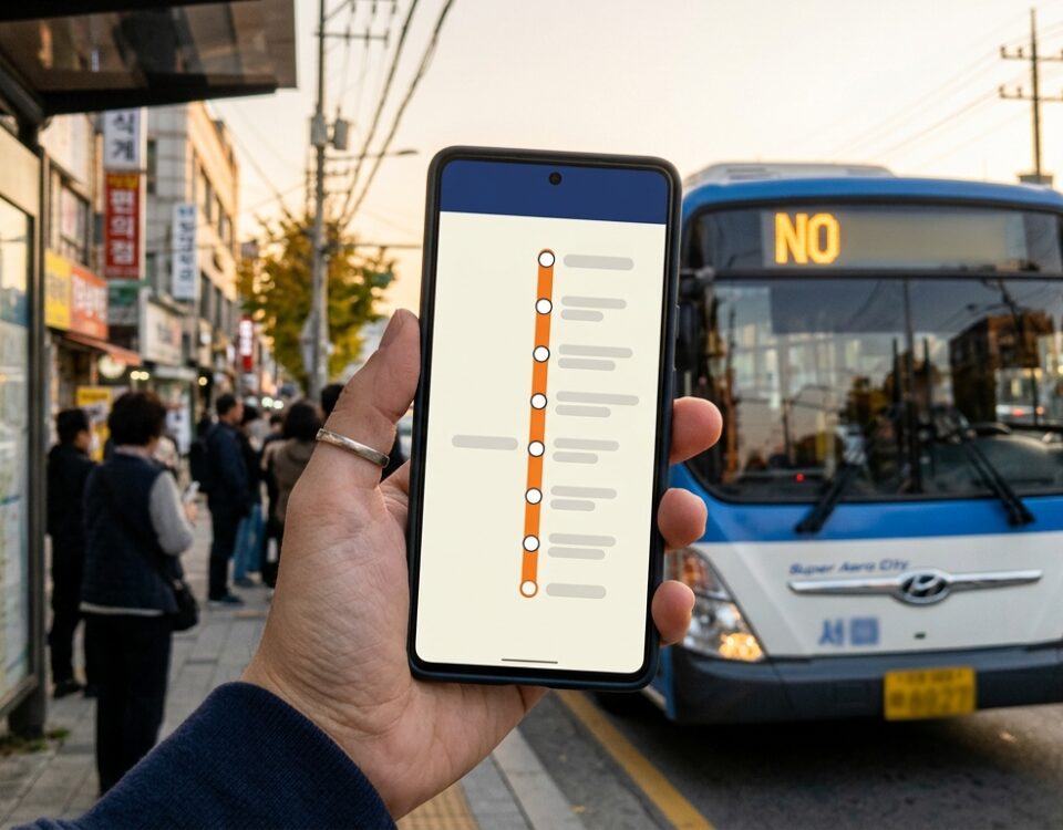 포항 시내버스 정류장에서 스마트폰으로 버스 노선도를 보고 있는 손